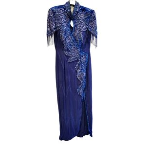 Vintage Ted Lapidus Paris Silk Beaded Blue Purple Gown with Fringe  Size 6